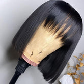 Blunt Cut Cute Bangs Look Natural Black Straight Bob Lace Frontal Wig